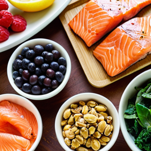 **

A vibrant, close-up shot of diverse, healthy foods arranged artfully on a wooden table. Include colorful berries, leafy greens like kale and spinach, fatty fish like salmon, nuts, and olive oil. Sunlit and inviting, emphasizing freshness and natural colors. Represents the anti-inflammatory diet and overall healthy eating. The style should be bright and appetizing, like a professional food photography shoot for a health magazine.

**