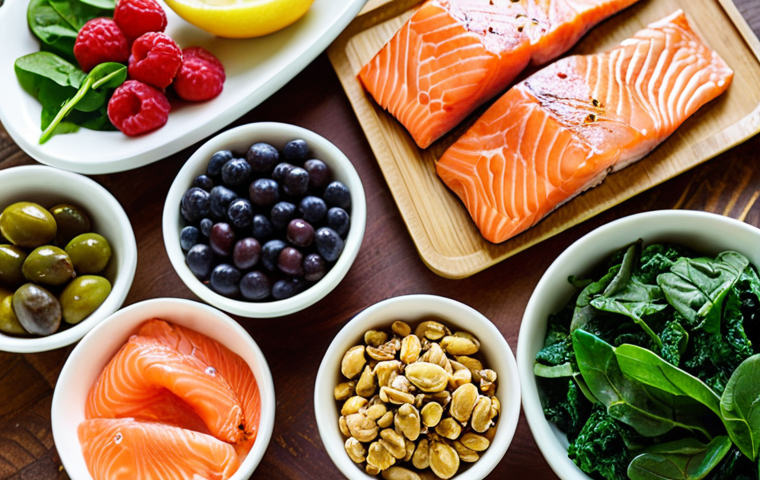 **

A vibrant, close-up shot of diverse, healthy foods arranged artfully on a wooden table. Include colorful berries, leafy greens like kale and spinach, fatty fish like salmon, nuts, and olive oil. Sunlit and inviting, emphasizing freshness and natural colors. Represents the anti-inflammatory diet and overall healthy eating. The style should be bright and appetizing, like a professional food photography shoot for a health magazine.

**