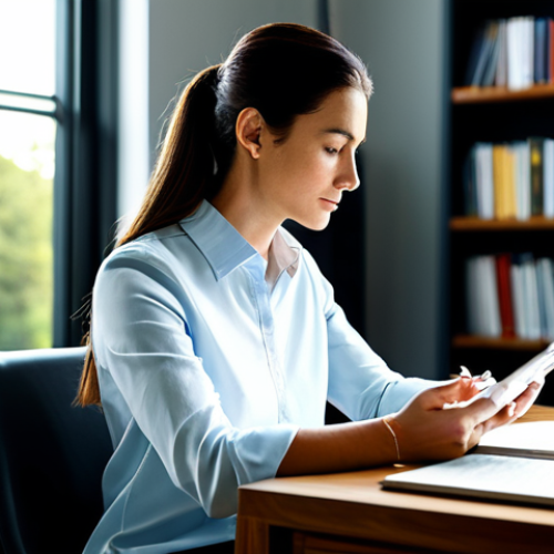 A focused professional woman in a modest, elegant business casual outfit, sitting calmly at a sleek wooden desk in a sunlit, modern home office. She is engaged in a mindful activity, possibly journaling or deep contemplation, with a digital tablet and a cup of tea nearby. The background features blurred bookshelves and a large window looking out onto a peaceful green landscape. The scene conveys a sense of inner peace, cognitive vitality, and resilience. perfect anatomy, correct proportions, natural pose, well-formed hands, proper finger count, natural body proportions, safe for work, appropriate content, fully clothed, professional, high-quality photography, soft natural lighting.