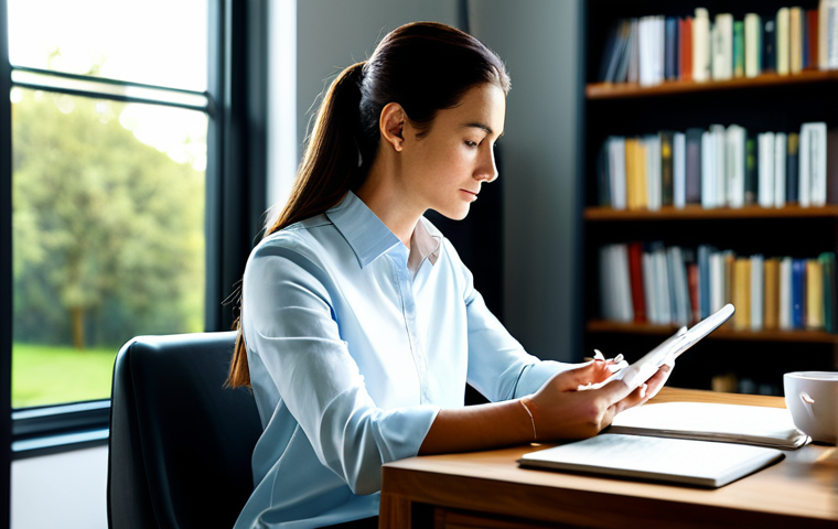 A focused professional woman in a modest, elegant business casual outfit, sitting calmly at a sleek wooden desk in a sunlit, modern home office. She is engaged in a mindful activity, possibly journaling or deep contemplation, with a digital tablet and a cup of tea nearby. The background features blurred bookshelves and a large window looking out onto a peaceful green landscape. The scene conveys a sense of inner peace, cognitive vitality, and resilience. perfect anatomy, correct proportions, natural pose, well-formed hands, proper finger count, natural body proportions, safe for work, appropriate content, fully clothed, professional, high-quality photography, soft natural lighting.