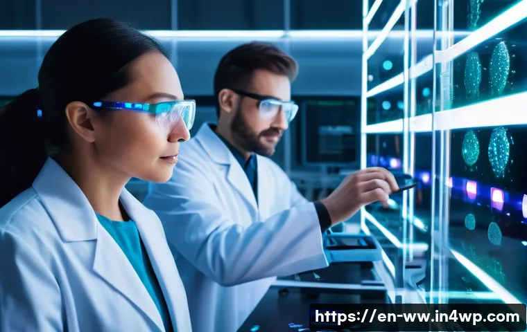 장수 연구에서의 생명과학 혁신 - A futuristic laboratory scene showcasing scientists working with advanced gene-editing technology li...