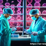 Home 21 장수 연구에서의 유전자 편집 기술 - A highly detailed scientific illustration of human cells undergoing gene editing to extend telomere ...