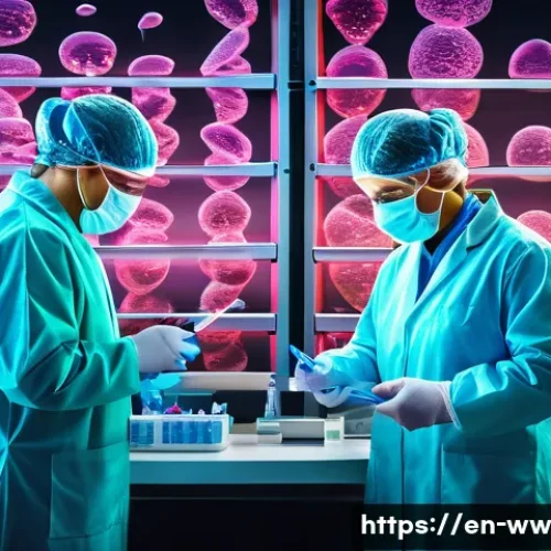 Home 33 장수 연구에서의 유전자 편집 기술 - A highly detailed scientific illustration of human cells undergoing gene editing to extend telomere ...