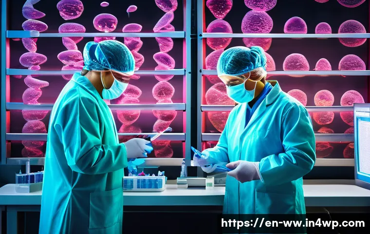 장수 연구에서의 유전자 편집 기술 - A highly detailed scientific illustration of human cells undergoing gene editing to extend telomere ...