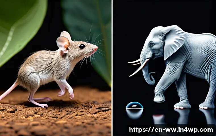 장수 연구에서의 자원 분배 - A detailed scientific illustration of contrasting small and large mammals highlighting energy trade-...