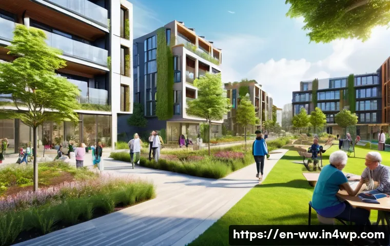 장수 연구의 윤리적 쟁점 - A futuristic urban community designed for multi-generational living, featuring diverse age groups in...