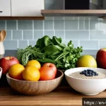 Home 18 장수와 식이섬유의 관계 - A vibrant, realistic kitchen scene with a diverse assortment of fiber-rich whole foods displayed pro...