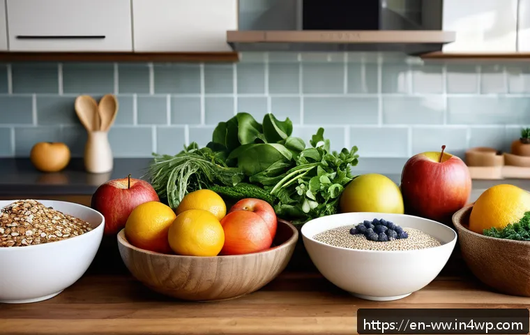 장수와 식이섬유의 관계 - A vibrant, realistic kitchen scene with a diverse assortment of fiber-rich whole foods displayed pro...