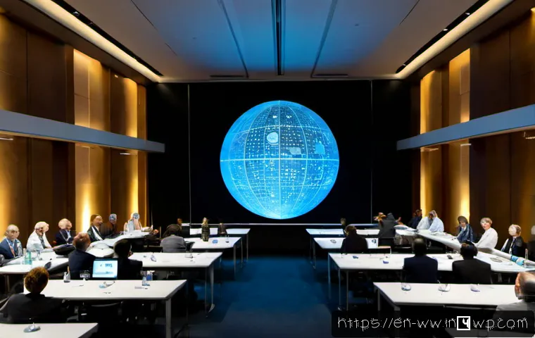 장수 연구의 국제적 동향 파악 - Photorealistic international longevity research summit in a modern glass conference hall, diverse sc...