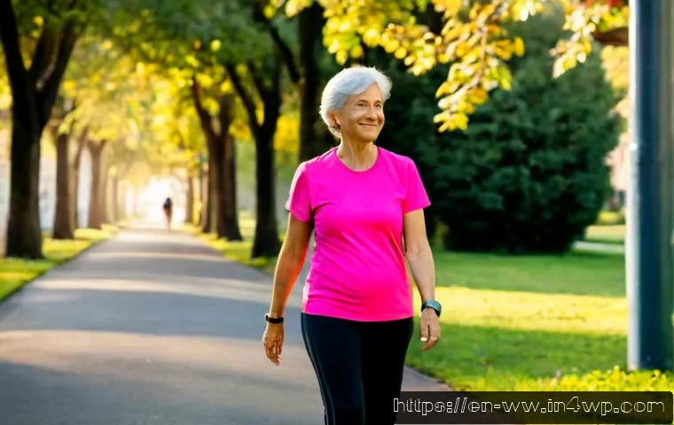 장수와 관련된 생리학적 변화 - Photorealistic lifestyle scene of a healthy active woman in her early seventies taking a morning wal...